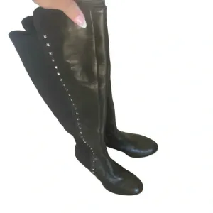 Marc Fischer Lapsure Black Leather Textile Studded Over Knee Boots Size 6