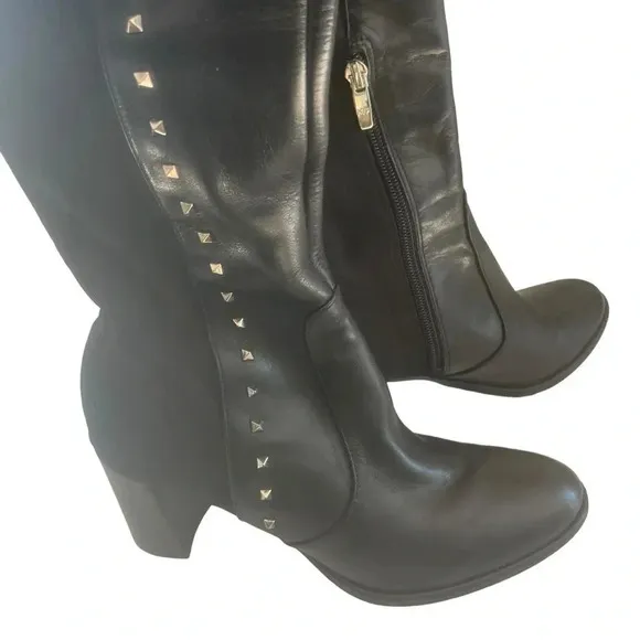 Marc Fischer Lapsure Black Leather Textile Studded Over Knee Boots Size 6