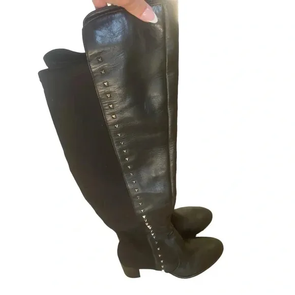 Marc Fischer Lapsure Black Leather Textile Studded Over Knee Boots Size 6