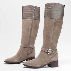 Marc Fisher Wide Calf Croc Embossed Knee High Side Zip Suede Boots Taupe 9, NWOB