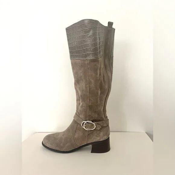 Marc Fisher Wide Calf Croc Embossed Knee High Side Zip Suede Boots Taupe 9, NWOB