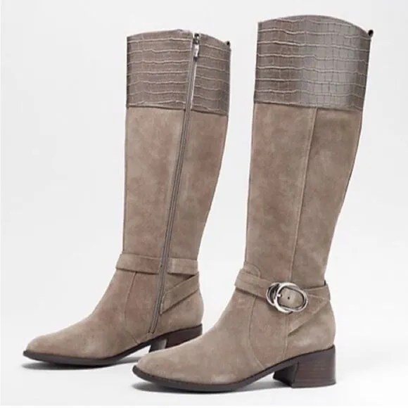 Marc Fisher Wide Calf Croc Embossed Knee High Side Zip Suede Boots Taupe 9, NWOB