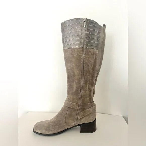 Marc Fisher Wide Calf Croc Embossed Knee High Side Zip Suede Boots Taupe 9, NWOB
