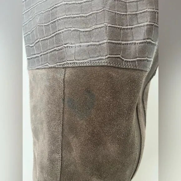 Marc Fisher Wide Calf Croc Embossed Knee High Side Zip Suede Boots Taupe 9, NWOB