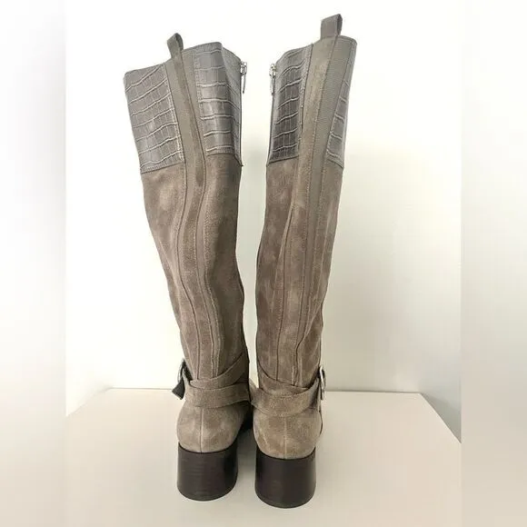 Marc Fisher Wide Calf Croc Embossed Knee High Side Zip Suede Boots Taupe 9, NWOB