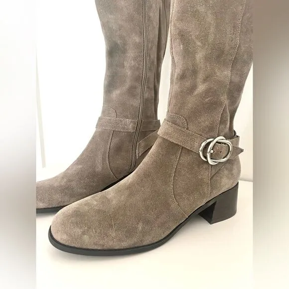 Marc Fisher Wide Calf Croc Embossed Knee High Side Zip Suede Boots Taupe 9, NWOB