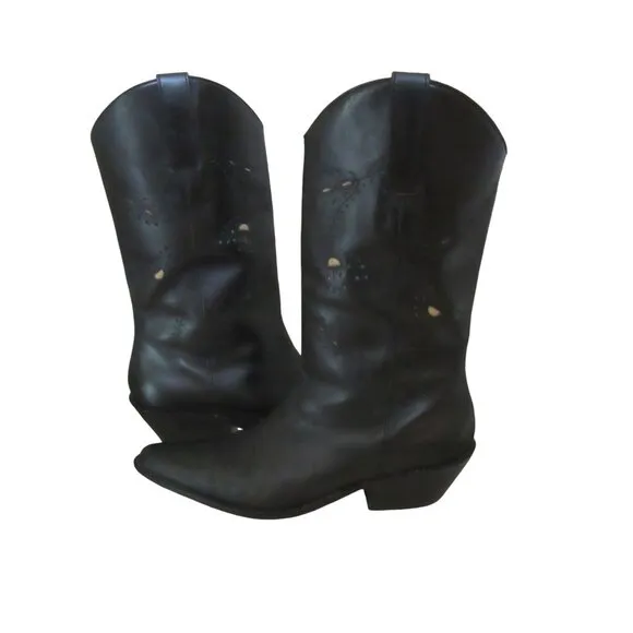 Matisse Cowboy Style Black Leather Boots w Laser Cut Design, Size 9M