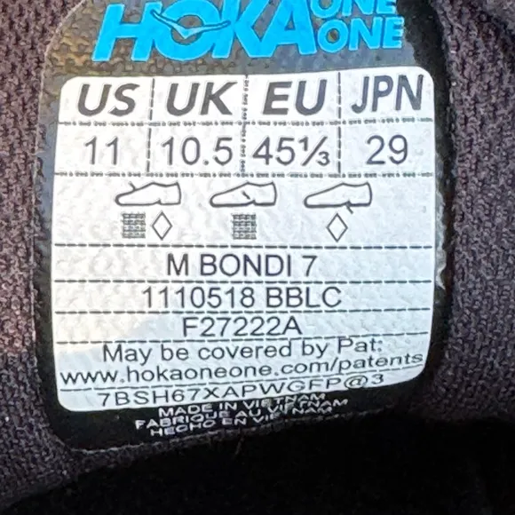 Men’s Black Hoka One One Bondi 7 Mesh running shoes, size 11 US