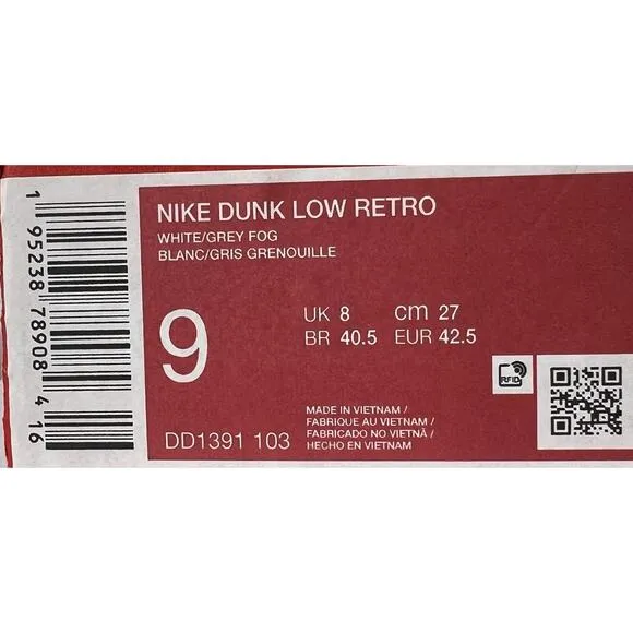 Mens Size 9 Nike Dunk Low Retro White Grey Fog Casual Shoes DD1391 103