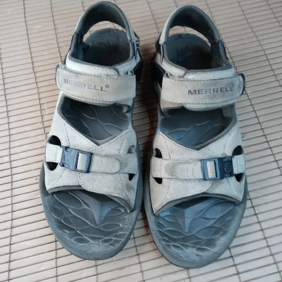 Merrell men's sz 12 brown leather Vlcrow hook &amp; loop close hiking sandals. 39pm