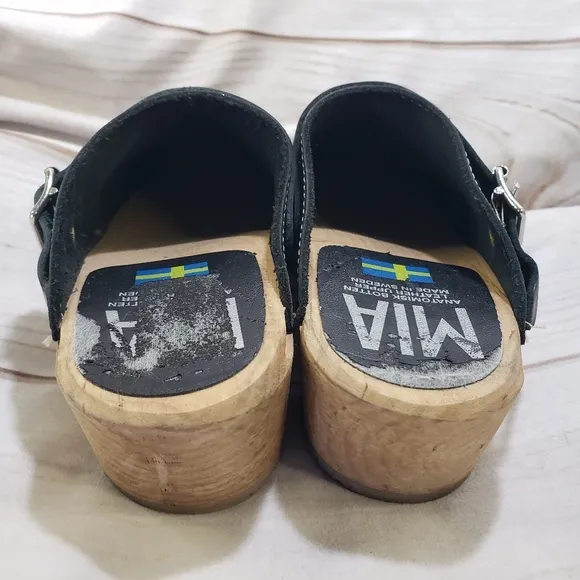 MIA Alma Swedish Clogs Black Leather Wooden Womens 6 EU 36