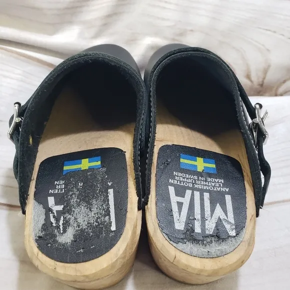 MIA Alma Swedish Clogs Black Leather Wooden Womens 6 EU 36