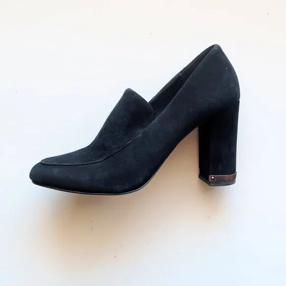 Michael Kors Black Suede Leather Block Heel Loafers Shoes Size 7.5