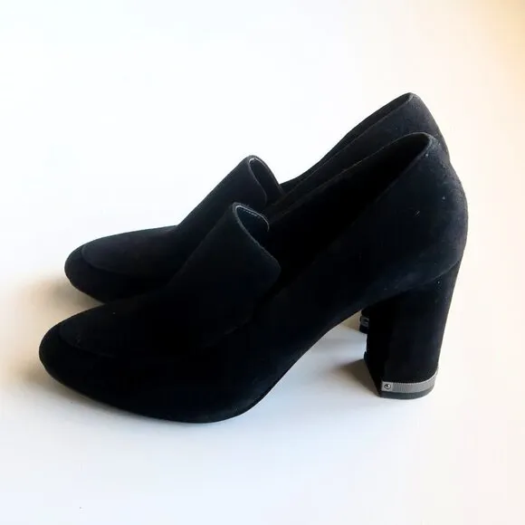 Michael Kors Black Suede Leather Block Heel Loafers Shoes Size 7.5
