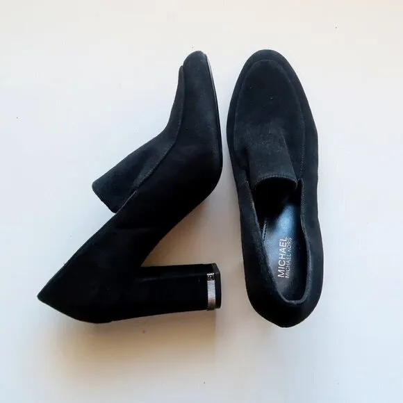 Michael Kors Black Suede Leather Block Heel Loafers Shoes Size 7.5