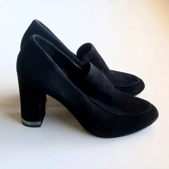 Michael Kors Black Suede Leather Block Heel Loafers Shoes Size 7.5