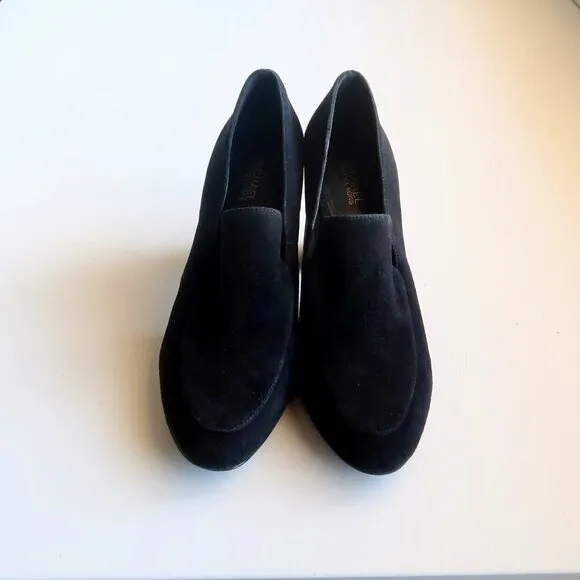 Michael Kors Black Suede Leather Block Heel Loafers Shoes Size 7.5