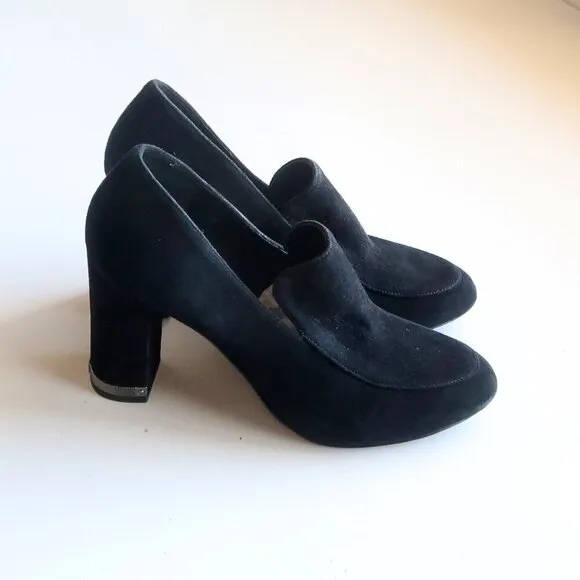Michael Kors Black Suede Leather Block Heel Loafers Shoes Size 7.5