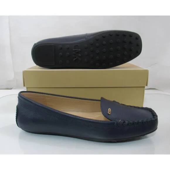 Michael Kors Eve Moccasin Leather MK Logo Navy Size 8