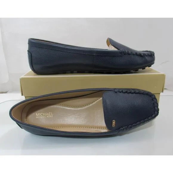 Michael Kors Eve Moccasin Leather MK Logo Navy Size 8
