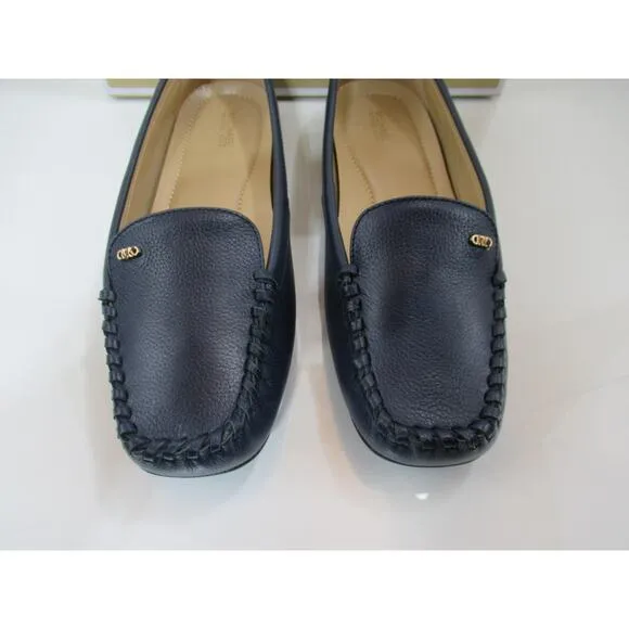 Michael Kors Eve Moccasin Leather MK Logo Navy Size 8