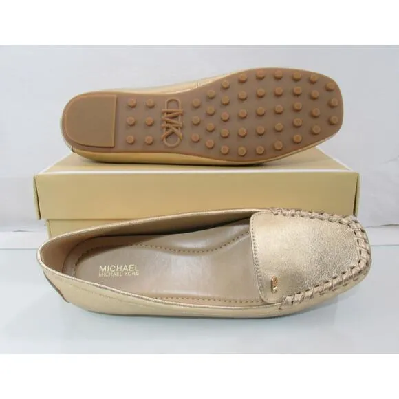 Michael Kors Eve Moccasin Metallic Leather MK Logo Pale Gold Size 7