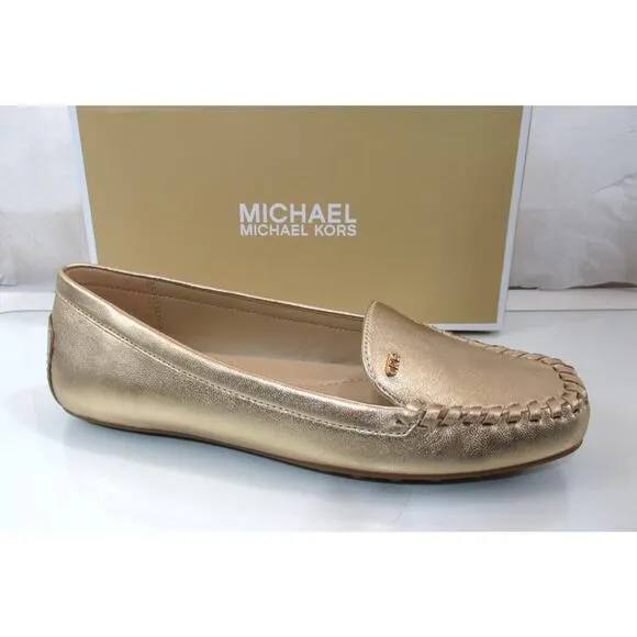 Michael Kors Eve Moccasin Metallic Leather MK Logo Pale Gold Size 7