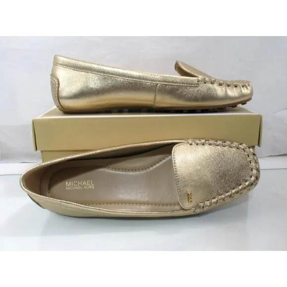 Michael Kors Eve Moccasin Metallic Leather MK Logo Pale Gold Size 7