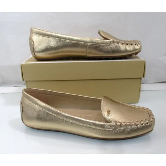 Michael Kors Eve Moccasin Metallic Leather MK Logo Pale Gold Size 7