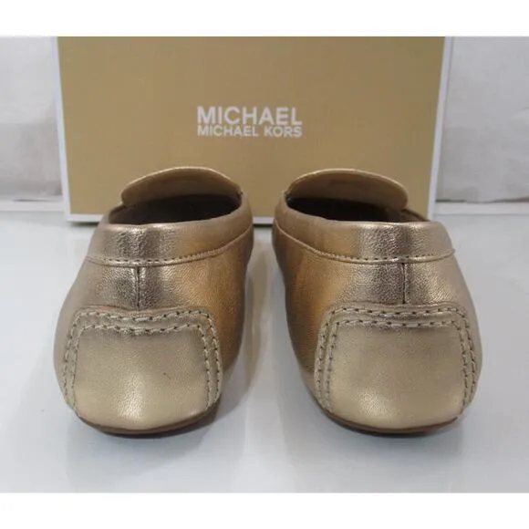 Michael Kors Eve Moccasin Metallic Leather MK Logo Pale Gold Size 7