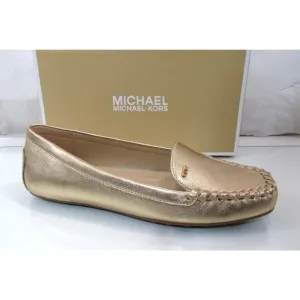 Michael Kors Eve Moccasin Metallic Leather MK Logo Pale Gold Size 7