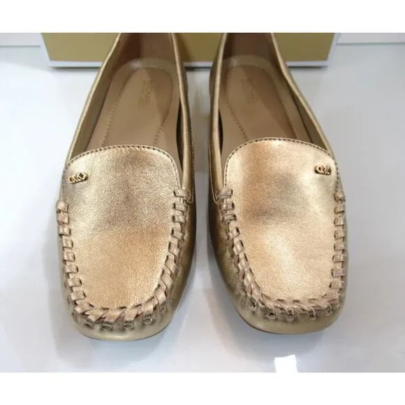 Michael Kors Eve Moccasin Metallic Leather MK Logo Pale Gold Size 7