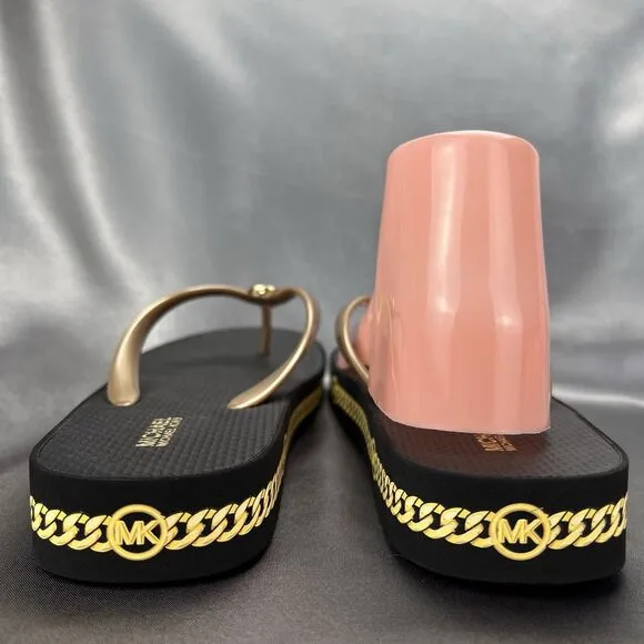 Michael Kors Logo Flip Flops Women's 8 Fashion Sandals Black/Gold RX24D MK Shoes