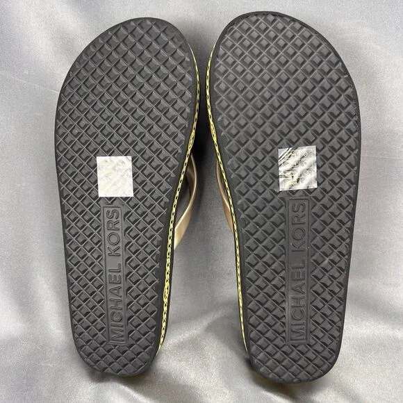Michael Kors Logo Flip Flops Women's 8 Fashion Sandals Black/Gold RX24D MK Shoes