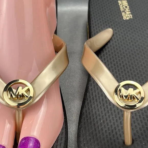 Michael Kors Logo Flip Flops Women's 8 Fashion Sandals Black/Gold RX24D MK Shoes