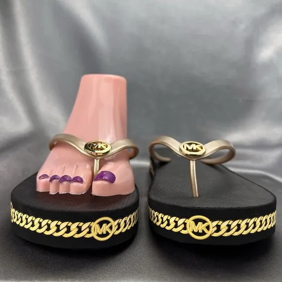 Michael Kors Logo Flip Flops Women's 8 Fashion Sandals Black/Gold RX24D MK Shoes