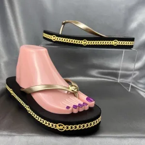 Michael Kors Logo Flip Flops Women's 8 Fashion Sandals Black/Gold RX24D MK Shoes