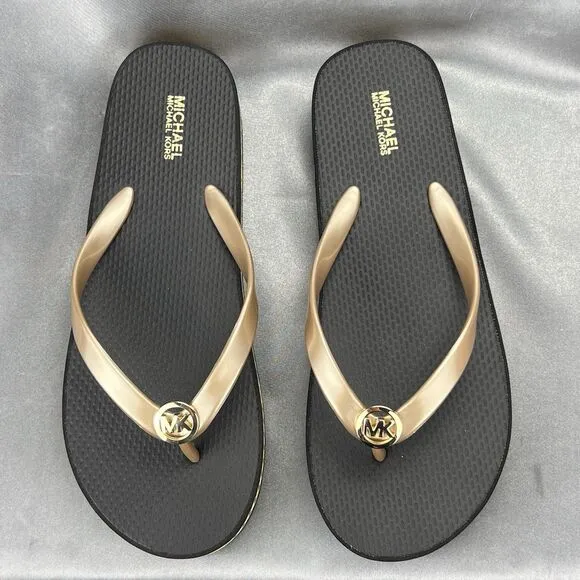Michael Kors Logo Flip Flops Women's 8 Fashion Sandals Black/Gold RX24D MK Shoes