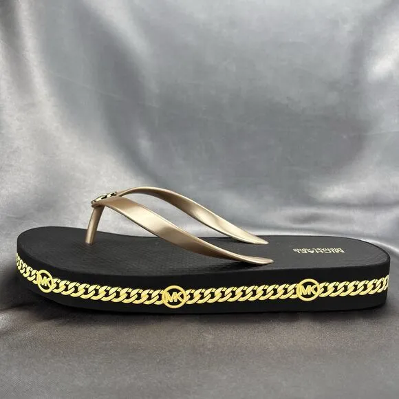 Michael Kors Logo Flip Flops Women's 8 Fashion Sandals Black/Gold RX24D MK Shoes
