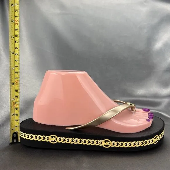 Michael Kors Logo Flip Flops Women's 8 Fashion Sandals Black/Gold RX24D MK Shoes