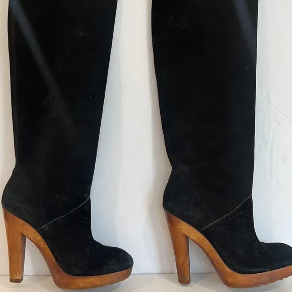 MICHAEL KORS MK Tall Black Suede Wooden Platform Heel Boots Size 7 M