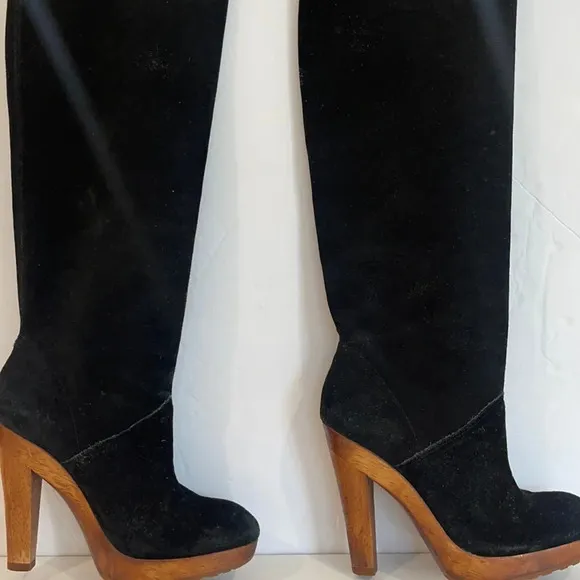 MICHAEL KORS MK Tall Black Suede Wooden Platform Heel Boots Size 7 M