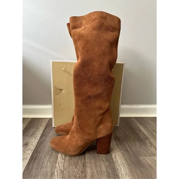 Michael Kors Slouchy Suede Round Toe Heeled Pull-on Leigh Boots Luggage Size 10