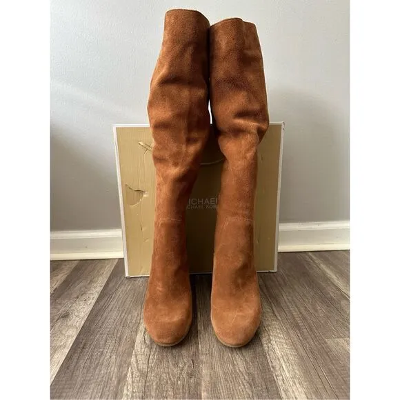 Michael Kors Slouchy Suede Round Toe Heeled Pull-on Leigh Boots Luggage Size 10
