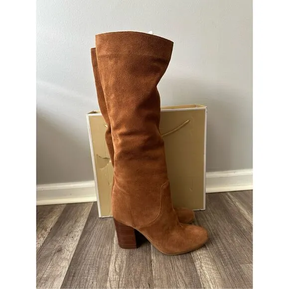 Michael Kors Slouchy Suede Round Toe Heeled Pull-on Leigh Boots Luggage Size 10