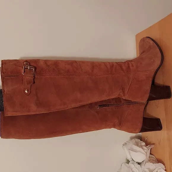 MICHAEL Michael Kors Camel Brown Suede Knee High Boots with Buckle Detail Size 8