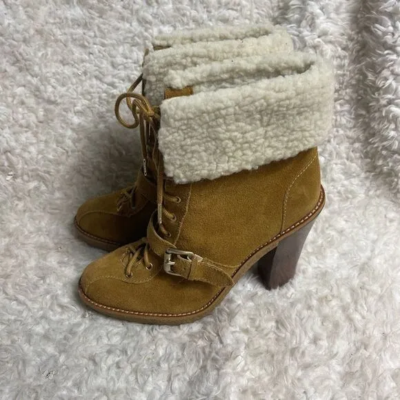 MICHAEL Michael Kors Chestnut leather Suede Sherpa Cuff Laceup  Heel Boots SZ9M