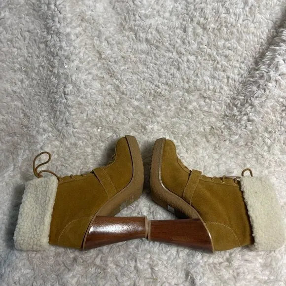 MICHAEL Michael Kors Chestnut leather Suede Sherpa Cuff Laceup  Heel Boots SZ9M