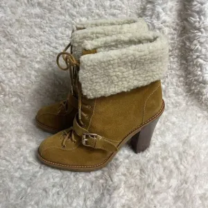 MICHAEL Michael Kors Chestnut leather Suede Sherpa Cuff Laceup  Heel Boots SZ9M