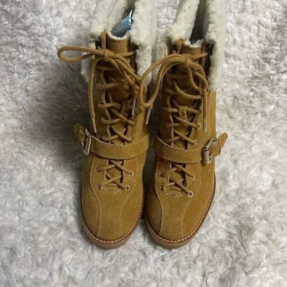 MICHAEL Michael Kors Chestnut leather Suede Sherpa Cuff Laceup  Heel Boots SZ9M